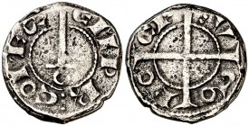 Ponç Hug IV (1230-1269). Empúries. Diner. (Cru.V.S. 100.2) (Cru.C.G. 1913). 1,51 g. Dos monedas enganchadas. Limpiada. Rara. (MBC-).