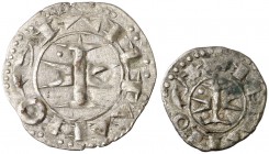 Anónimas de los s. XII a XIV. Montpeller. Diner melgorés. (Cru.V.S. 163 y 164) (Cru.Occitània 58 y 59) (Cru.C.G. 2112 y 2113). Lote de 1 diner y 1 òbo...