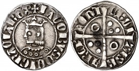 Jaume II (1291-1327). Barcelona. Croat. (Cru.V.S. 337.6) (Badia 87, mismo ejemplar) (Cru.C.G. falta var). 3,13 g. Letras A y V latinas en anverso y gó...