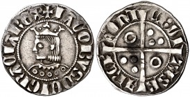 Jaume II (1291-1327). Barcelona. Croat. (Cru.V.S. 337.6) (Badia 87, mismo ejemplar) (Cru.C.G. falta var). 3,13 g. Letras A y V latinas en anverso y gó...