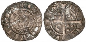 Jaume II (1291-1327). Barcelona. Diner. Falsa de época en cobre, restos de plateado. 0,57 grs. Ex Colección Crusafont nº 223. Muy rara. MBC.