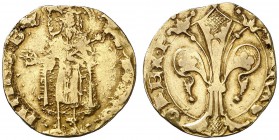 Pere III (1336-1387). València. Florí. (Cru.V.S. 397 var) (Cru.Comas 28, indica la existencia de 3 ó 4 ejemplares dudosos) (Cru.C.G. 2212 var). 3,45 g...