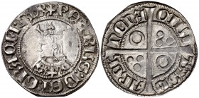 Pere III (1336-1387). Barcelona. Croat. (Cru.V.S. 408.9) (Cru.C.G. 2223b). 3,16 g. Flores de seis pétalos y cruz en el vestido. Letras A y U góticas. ...