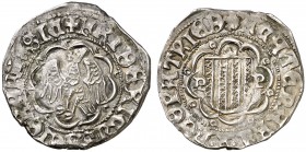 Frederic IV de Sicília (1355-1377). Sicília. Pirral. (Cru.V.S. falta) (Cru.C.G. 2620 var) (MIR 194/26). 3,25 g. Letras D son E al giradas. Bella pátin...