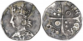 Alfons IV (1416-1458). Barcelona. Terç de croat. (Cru.V.S. 823) (Cru.C.G. 2875a). 0,84 g. Busto peculiar. Rayita. Pátina oscura. Escasa. MBC-.