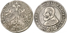 1552. Carlos I. Sajonia. 1 escudo/taler. (Dav. 9748) (Ha. 2284). 28,55 g. Muy rara. MBC.