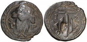 1598. Felipe II. Perpinyà. Doble sou. (Cal. 839) (Cru.C.G. 3806a). 2,82 g. Contramarca: cabeza de San Juan, realizada en 1603. MBC.