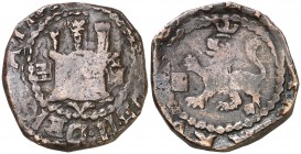 s/d. Felipe II. Segovia. I/M. 2 cuartos. (Cal. 851 var) (J.S. A-215). 5,40 g. Bajo el castillo: V. Escasa. MBC-.