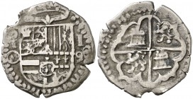 1590/89. Felipe II. Toledo. . 1 real. (Cal. falta). 3,16 g. Ex Colección Princesa de Éboli 20/10/2016, nº 273. Rara. MBC-.