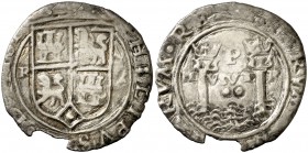 s/d (1568-1570). Felipe II. Lima. R (Alonso Rincón). 2 reales. (Cal. 482 var). 3,95 g. Pequeño fallo de cospel en borde. Rayitas por limpieza. Ex Áure...