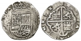 s/d. Felipe II. Toledo. M. 2 reales. (Cal. 555). 6,72 g. Águila en vez de león en las armas de Flandes. Rayitas. Rara. MBC-.