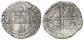 s/d. Felipe II. Sevilla. . 4 reales. (Cal. 391 var). 13,40 g. abierta en 4º cuartel. Flor de lis entre escudo y corona. Rara. MBC-.
