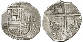 (1)590. Felipe II. Sevilla. (grande). 4 reales. (Cal. 397). 13,78 g. Ensayador grande solo en anverso. Rara. MBC-.