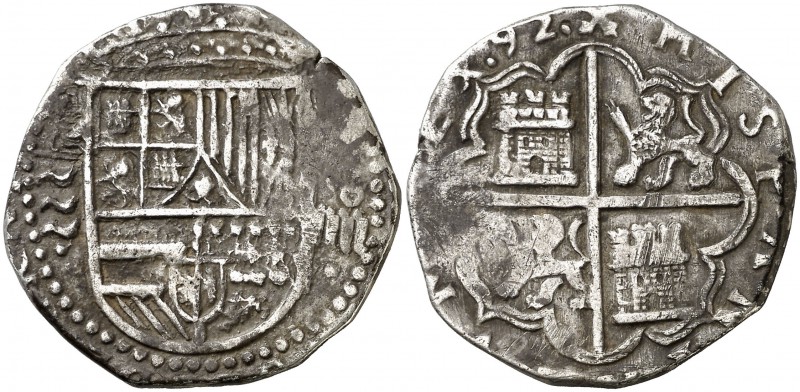1592. Felipe II. Valladolid. (). 4 reales. (Cal. 449). 13,50 g. Fecha de dos díg...
