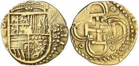 1590. Felipe II. Sevilla. C/. 2 escudos. (Cal. 69 var) (Tauler 40a). 6,69 g. La C del ensayador rectificada sobre . Dos rayitas. Muy rara y más con es...