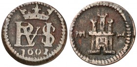 1602. Felipe III. Segovia. 1 maravedí. (Cal. 858). 0,87 g. Acueducto horizontal. Escasa. MBC-.