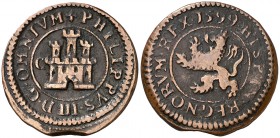 1599. Felipe III. Segovia. C. 2 maravedís. (Cal. 799, como 4 maravedís). 3,62 g. Sin indicación de ceca ni valor. MBC-.