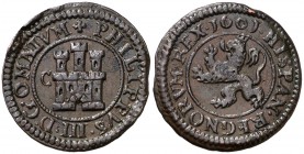 1601. Felipe III. Segovia. C. 2 maravedís. (Cal. 801, como 4 maravedís). 2,82 g. Sin indicación de ceca ni valor. MBC.