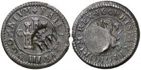 Felipe III. 2,87 g. Resello de valor IIII sobre 4 maravedís de Segovia 1601. MBC-.