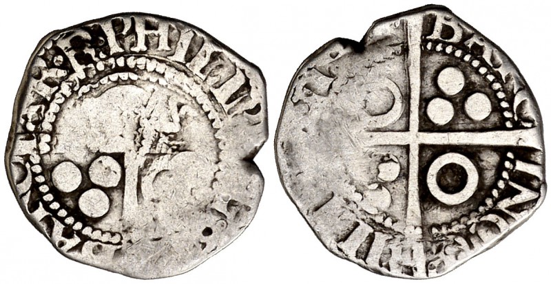 1611. Felipe III. Barcelona. 1/2 croat. 1,60 g. Anverso acuñado en reverso y vic...