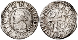 1613/2. Felipe III. Barcelona. 1/2 croat. (Cal. 536) (Badia 1028) (Cru.C.G. 4342g var). 1,39 g. La B de BARCINO rectificada sobre otra letra. Manchita...