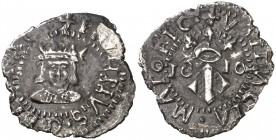 1610. Felipe III. Valencia. 1 divuitè. (Cal. 511) (Cru.C.G. 4361 var). 1,36 g. Armas de Valencia con tres barras. Pátina oscura. Ex Colección Isabel d...