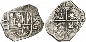 1603. Felipe III. Granada. M. 2 reales. (Cal. 321). 6,33 g. Tipo "OMNIVM". Ex Colección Javier Verdejo 19/10/2017, nº 118. Rara. MBC-/MBC.