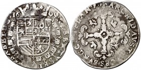 1600/1599. Alberto e Isabel. Brujas. 1 stoter. (Vti. 188 var) (Vanhoudt 590BG var). 2,91 g. Manchitas. Escasa. BC+.