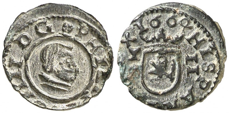 1664. Felipe IV. Cuenca. 2 maravedís. (Cal. 1349). 0,53 g. Algo descentrada. Rar...