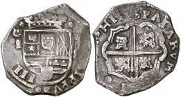 1644. Felipe IV. (Madrid). B. 8 reales. (Cal. 288). 26,78 g. La leyenda del reverso comienza a las 10h del reloj. Las A de HISPANIARVM son V invertida...