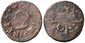 164 (sic). Guerra dels Segadors. Agramunt. 1 diner. (Cru.C.G. 4504) (Cru.Segadors 7). 0,93 g. Busto de Felipe IV a izquierda. Rara. BC+.
