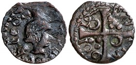 164 (sic). Guerra dels Segadors. Barcelona. 1 diner. (Cru.C.G. 4557b, mismo ejemplar que 4557) (Cru.Segadors 252, mismo ejemplar mal descrito). 0,69 g...