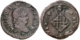 1643. Guerra dels Segadors. Barcelona. 1 sisè. (Cru.C.G. 4551) (Cru.Segadors 253). 4,50 g. Lluís XIV. bajo el busto. Escasa. MBC.