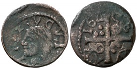 164 (sic). Guerra dels Segadors. Cervera. 1 diner. (Cru.C.G. 4591) (Cru.Segadors 64). 0,92 g. Busto de Lluís XIII a izquierda. Leyenda retrógrada. Rar...