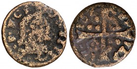 164 (sic). Guerra dels Segadors. Cervera. 1 diner. (Cru.C.G. 4593) (Cru.Segadors 66). 0,81 g. Busto de Lluís XIII a derecha. Rara. BC+.