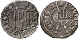 1642. Guerra dels Segadors. Manresa. 1 sisè. (Cru.C.G. 4622) (Cru.Segadors 100). 4,20 g. Principat. Escudos anchos. La letra O del anverso pequeña. MB...