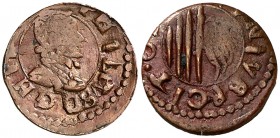 s/d. Guerra dels Segadors. Olot. 1 diner. (Cru.C.G. 4632a) (Cru.Segadors 113a). 1,40 g. Felipe IV. Busto grande. Armas de Olot. Escasa. MBC.