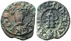 1644. Guerra dels Segadors. Perpinyà. 1 diner. (Cru.C.G. 4639) (Cru.Segadors 137). 0,78 g. Lluís XIV. Orlas interiores. Cospel faltado. Escasa. MBC-....