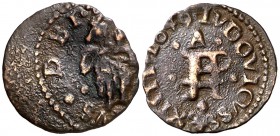 1649. Guerra dels Segadors. Perpinyà. 1 diner. (Cru.C.G. 4639h) (Cru.Segadors 142). 0,58 g. Lluís XIV. Anverso descentrado. Ex Áureo 15/09/2005, nº 46...