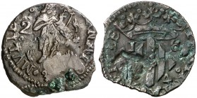 1644. Guerra dels Segadors. Perpinyà. 2 sous. (Cru.C.G. 4636 var) (Cru.Segadors 120). 2,95 g. Valor: 2. Con flor de lis en el escudo. Contramarca: Cab...