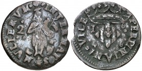 1646. Guerra dels Segadors. Perpinyà. 2 sous. (Cru.C.G. 4636c) (Cru.Segadors 123). 2,64 g. Valor: 2. Con flor de lis en el escudo. Ex Áureo 08/03/1994...