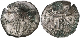 1646. Guerra dels Segadors. Perpinyà. 2 sous. (Cru.C.G. 4636d) (Cru.Segadors 124). 2,52 g. Valor: 2. Con flor de lis en el escudo. Contramarca: Cabeza...