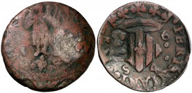 1654. Guerra dels Segadors. Perpinyà. (2 sous). (Cru.C.G. 4636j) (Cru.Segadors 129). 2,74 g. Con flor de lis en el escudo. Contramarca: Cabeza de San ...