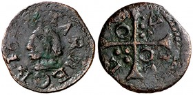 16(42). Guerra dels Segadors. Tàrrega. 1 diner. (Cru.C.G. 4659b) (Cru.Segadors 169b). 0,86 g. Busto de Lluís XIII a izquierda. Rara. MBC-.