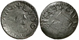 1642. Guerra dels Segadors. Vic. 1 diner. 1,3 g. Lluís XIII. Escudo girado 90º. Falsa de época muy curiosa. MBC-.