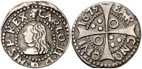 1675. Carlos II. Barcelona. 1 croat. (Cal. 659) (Cru.C.G. 4904h). 2,48 g. Ex Áureo 16/12/2004, nº 665. MBC-/MBC.