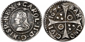 1675. Carlos II. Barcelona. 1 croat. (Cal. 663) (Cru.C.G. 4904f). 2,41 g. Oxidaciones. Ex Áureo 27/04/1999, nº 906. MBC-.