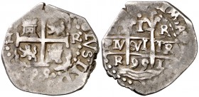 1695. Carlos II. Lima. R. 1 real. (Cal. 686). 2,66 g. Doble fecha y triple ensayador. MBC.