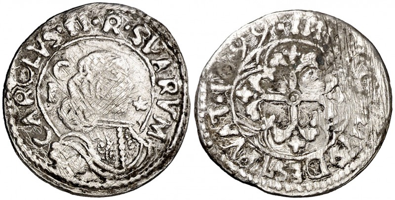 1699. Carlos II. Cagliari. 1 real. (Vti. 228) (MIR. 88/8). 2,31 g. MBC-.