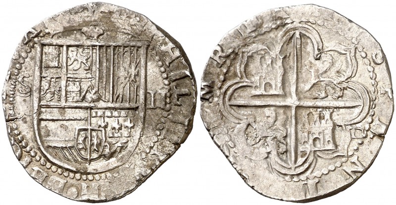 Felipe II. Sevilla. 2 reales. (Cal. 535). 6,88 g. Ensayador en 4º. cuartel. MBC....